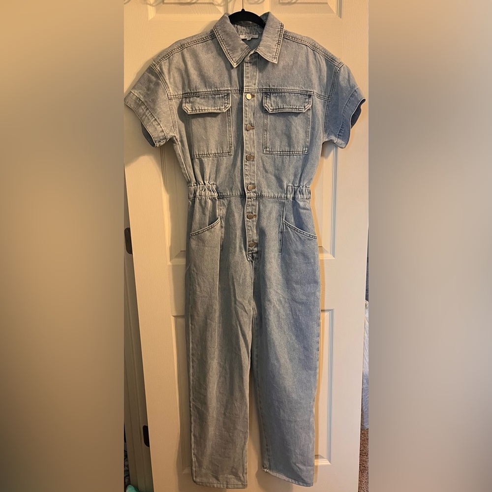 Polagram Light Wash Denim Short Sleeve Jumpsuit